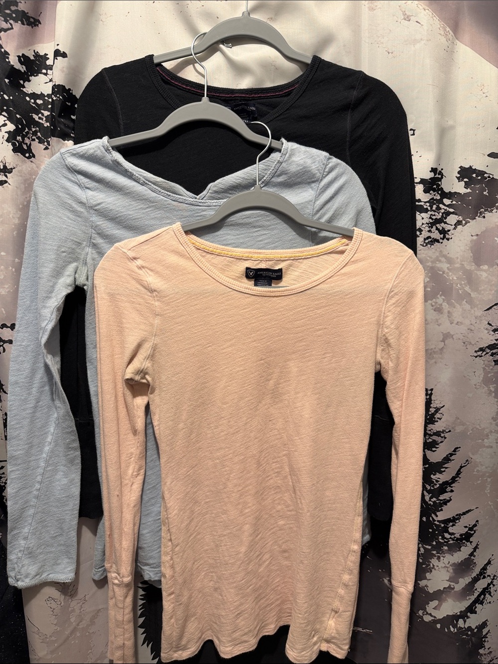 3 American Eagle Long Sleeve Scoop Neck Tops - Black, Light Blue, Beige